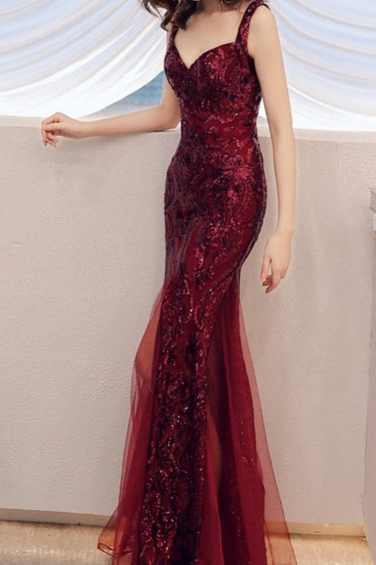 Luxury Evening Red And Gold Dress Sequined Long Mermaid Prom Gown Glitter Elegant Party Dress Pattern Lace Formal Dress Wedding Red Dress