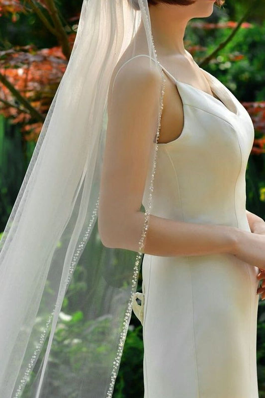 Crystal Beaded Veil, Beaded Wedding Veil, Elegant Ivory Bridal Veil With Beaded Edge, Sparkly Edge, Fingertip And Cathedral Lengths