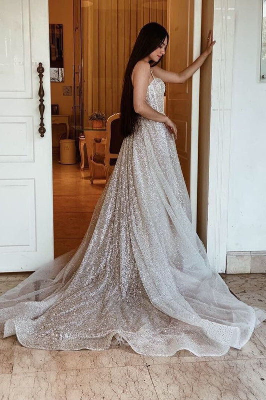 Shiny Sweetheart Princess Wedding Dresses Glitter Tulle Spaghetti Straps Boho Bride Dresses Bridesmaid’s Dress Sparkly Wedding Dress