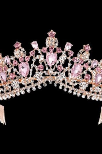 Baroque Jewelry Rose Gold Pink Crystal Bridal Tiara Crown With Comb Pageant Prom Rhinestone Veil Tiara Headband Wedding Hair Accessories Set